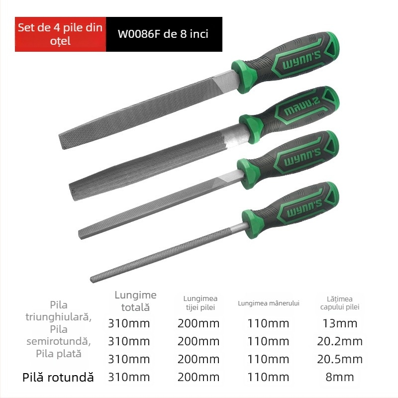 Set de fișiere Power Lion – fișiere asortate (triunghiulare, rotunde, plate, semi-rotunde) din oțel T12, cu mâner, 200–300 mm
