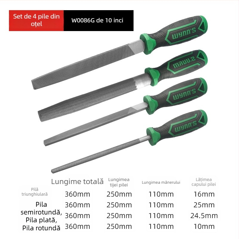 Set de fișiere Power Lion – fișiere asortate (triunghiulare, rotunde, plate, semi-rotunde) din oțel T12, cu mâner, 200–300 mm