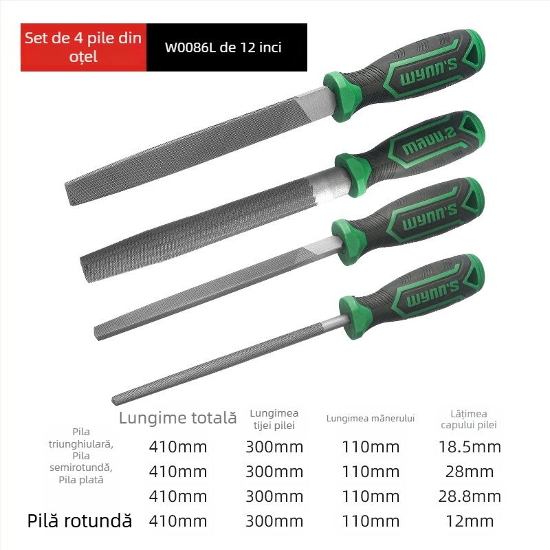 Set de fișiere Power Lion – fișiere asortate (triunghiulare, rotunde, plate, semi-rotunde) din oțel T12, cu mâner, 200–300 mm