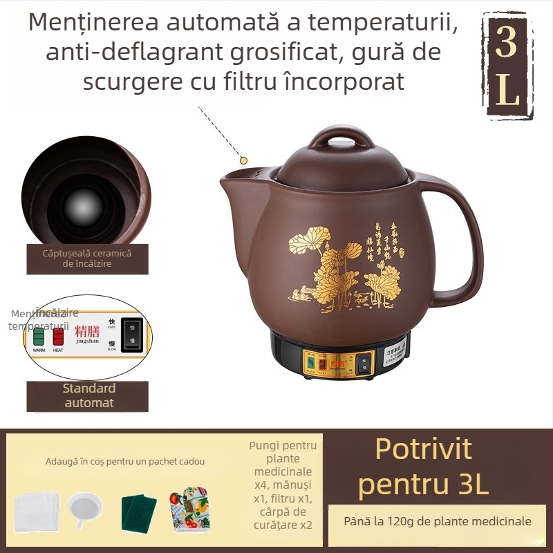 Castron purpuriu din lut pentru decocturi, vas electric complet automat pentru medicina tradițională chineză, 5 L, model Js-70a, recipient ceramic interior, 220 V, 300–350 W
