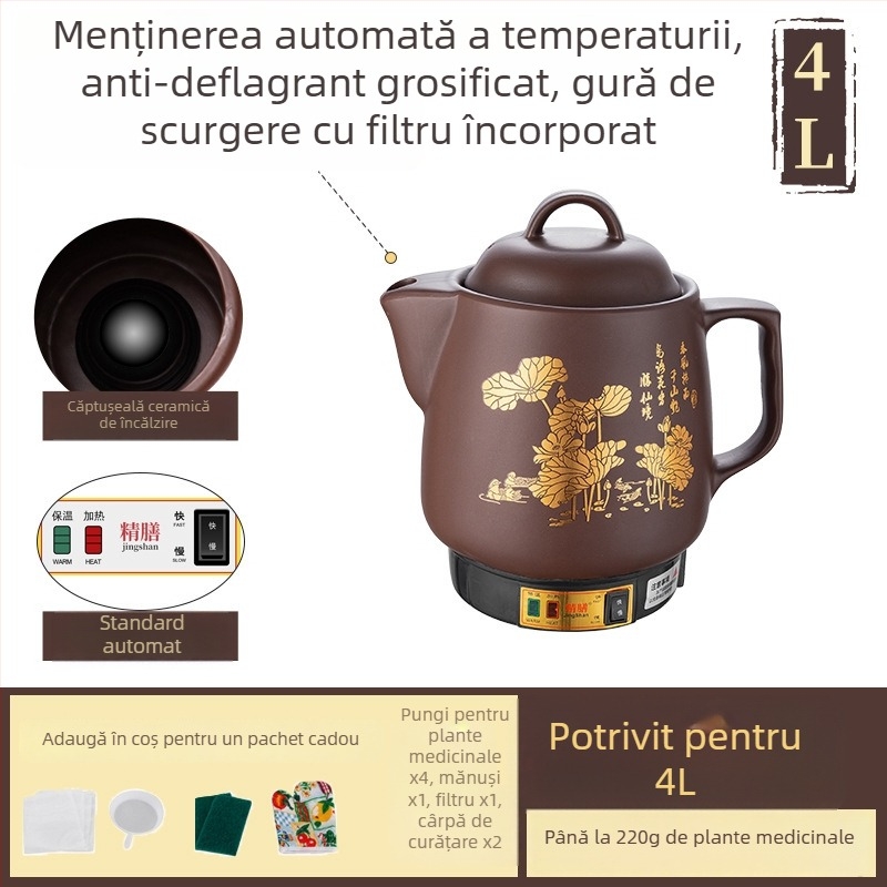 Castron purpuriu din lut pentru decocturi, vas electric complet automat pentru medicina tradițională chineză, 5 L, model Js-70a, recipient ceramic interior, 220 V, 300–350 W