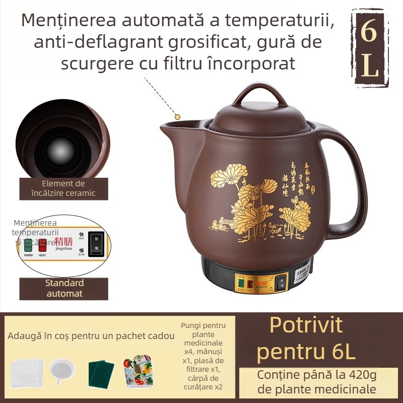 Castron purpuriu din lut pentru decocturi, vas electric complet automat pentru medicina tradițională chineză, 5 L, model Js-70a, recipient ceramic interior, 220 V, 300–350 W