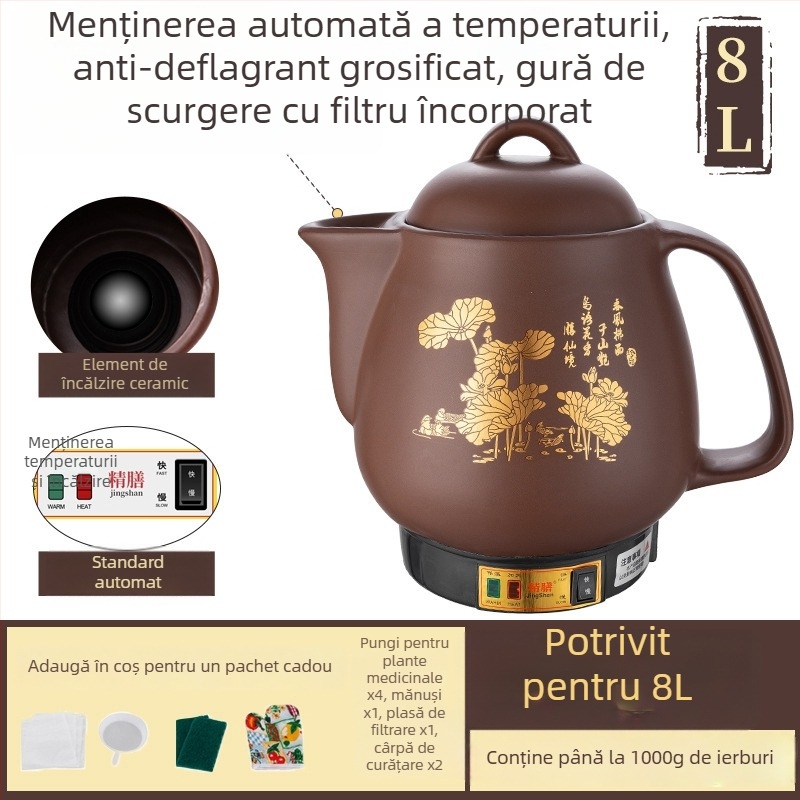 Castron purpuriu din lut pentru decocturi, vas electric complet automat pentru medicina tradițională chineză, 5 L, model Js-70a, recipient ceramic interior, 220 V, 300–350 W