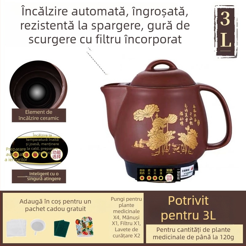 Castron purpuriu din lut pentru decocturi, vas electric complet automat pentru medicina tradițională chineză, 5 L, model Js-70a, recipient ceramic interior, 220 V, 300–350 W