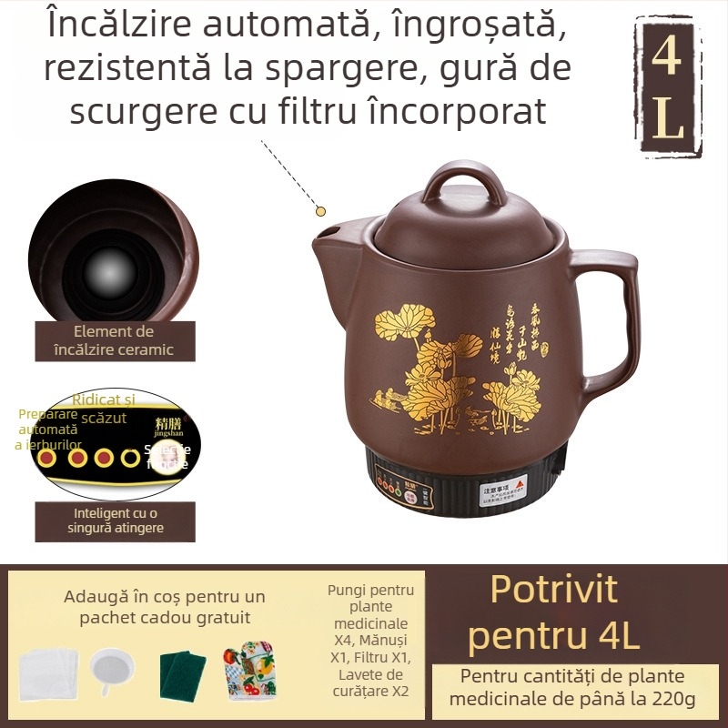 Castron purpuriu din lut pentru decocturi, vas electric complet automat pentru medicina tradițională chineză, 5 L, model Js-70a, recipient ceramic interior, 220 V, 300–350 W