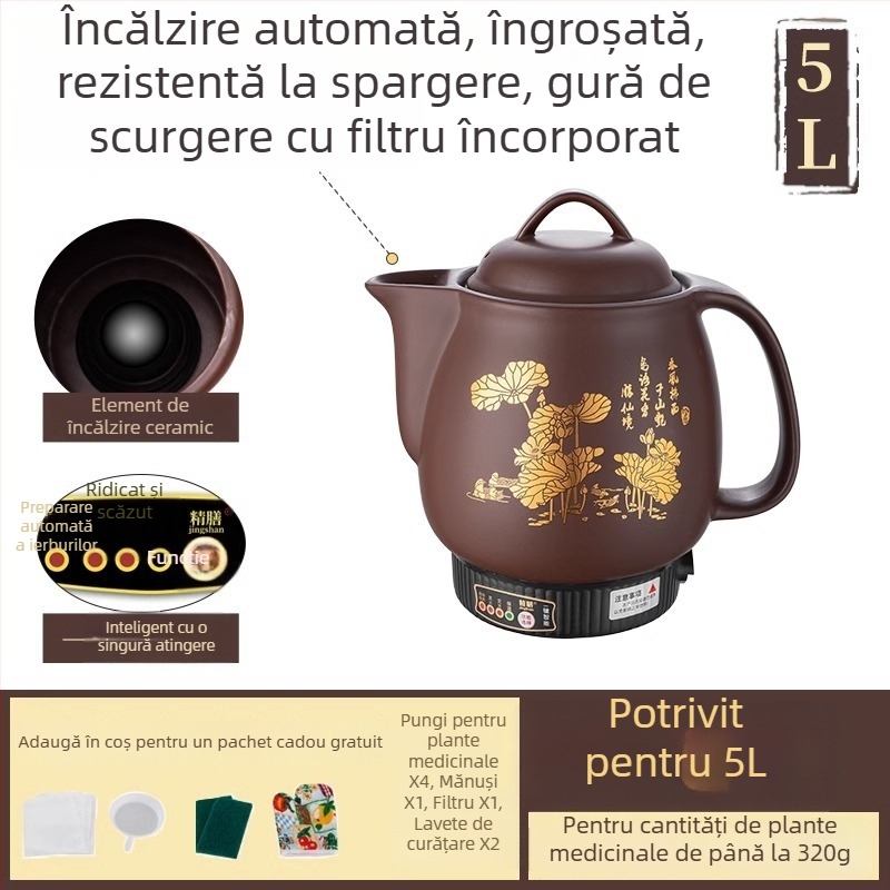Castron purpuriu din lut pentru decocturi, vas electric complet automat pentru medicina tradițională chineză, 5 L, model Js-70a, recipient ceramic interior, 220 V, 300–350 W