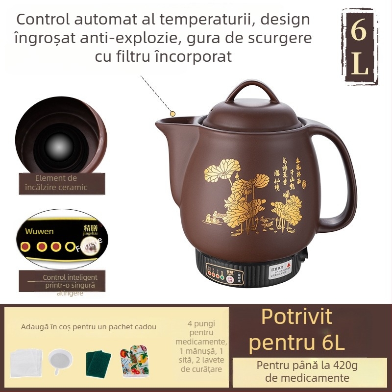 Castron purpuriu din lut pentru decocturi, vas electric complet automat pentru medicina tradițională chineză, 5 L, model Js-70a, recipient ceramic interior, 220 V, 300–350 W