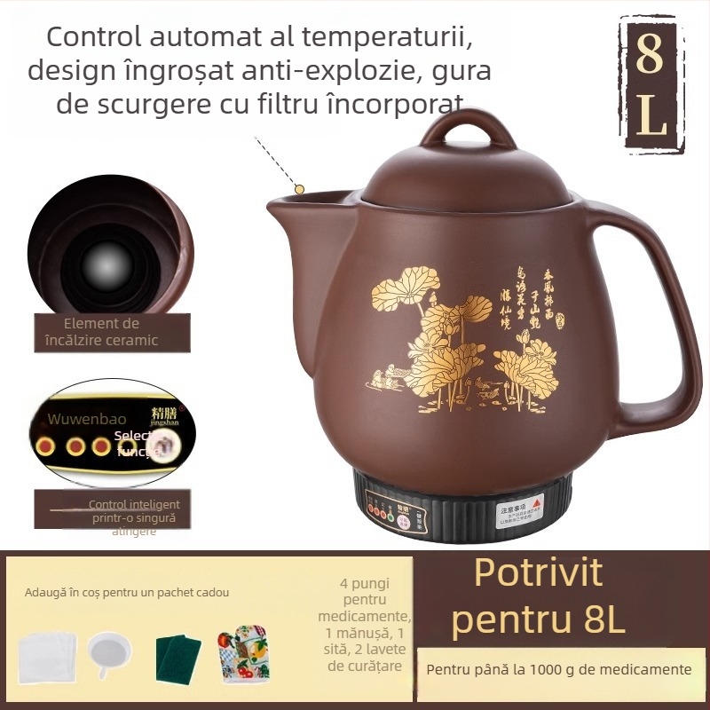 Castron purpuriu din lut pentru decocturi, vas electric complet automat pentru medicina tradițională chineză, 5 L, model Js-70a, recipient ceramic interior, 220 V, 300–350 W