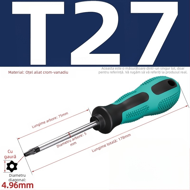 Șurubelniță cu găuri, biti hexagonali în formă de floare, T5–T20, mâner drept, magnetic, izolat, oțel CR-V