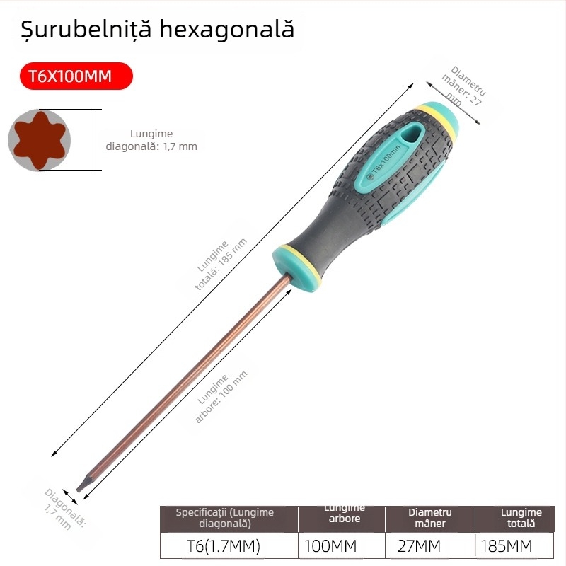 Șurubelniță cu găuri, biti hexagonali în formă de floare, T5–T20, mâner drept, magnetic, izolat, oțel CR-V