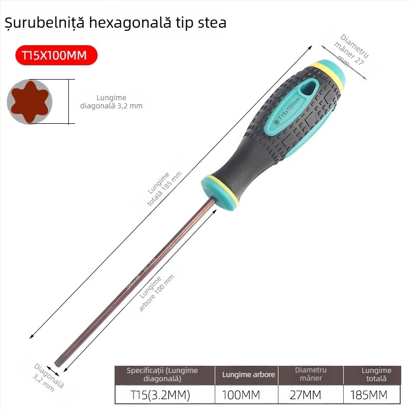 Șurubelniță cu găuri, biti hexagonali în formă de floare, T5–T20, mâner drept, magnetic, izolat, oțel CR-V