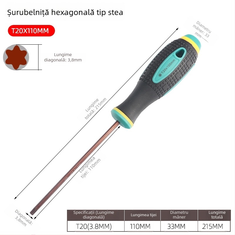 Șurubelniță cu găuri, biti hexagonali în formă de floare, T5–T20, mâner drept, magnetic, izolat, oțel CR-V