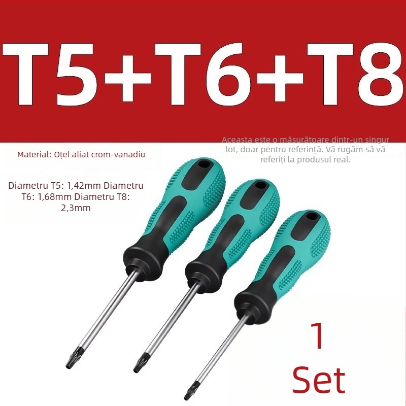 Șurubelniță cu găuri, biti hexagonali în formă de floare, T5–T20, mâner drept, magnetic, izolat, oțel CR-V