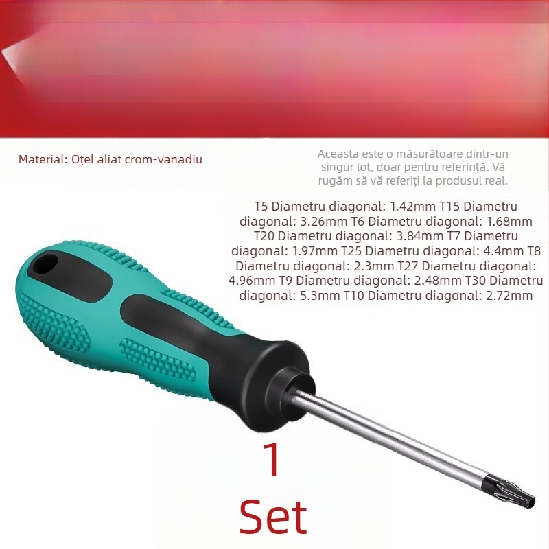 Șurubelniță cu găuri, biti hexagonali în formă de floare, T5–T20, mâner drept, magnetic, izolat, oțel CR-V