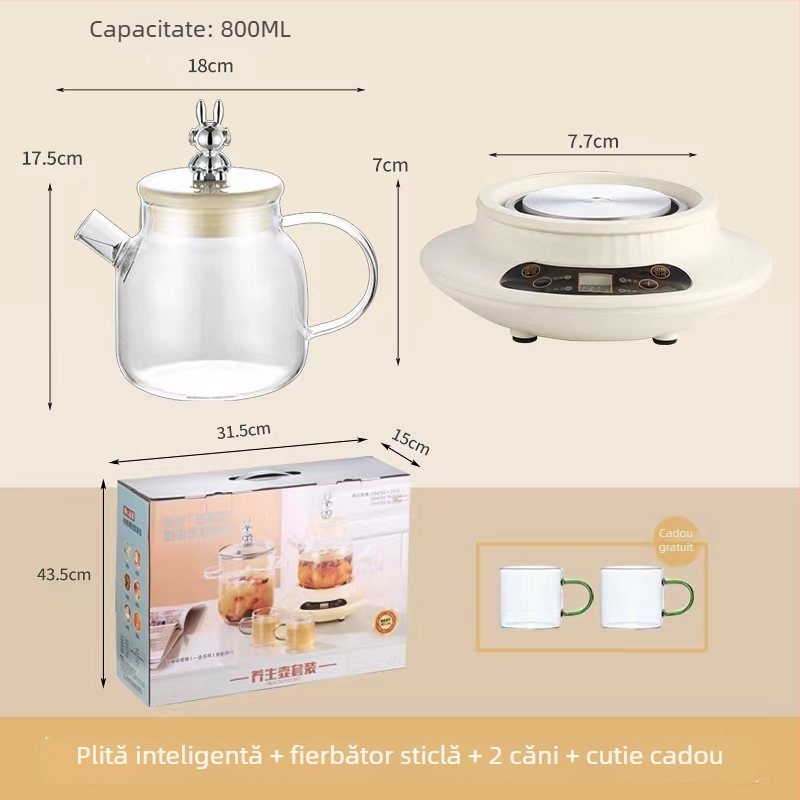 Oală de wellness din sticlă pentru birou, ceainic electric multifuncțional cu control inteligent al temperaturii, capacitate 1 L, 220 V, 300–350 W