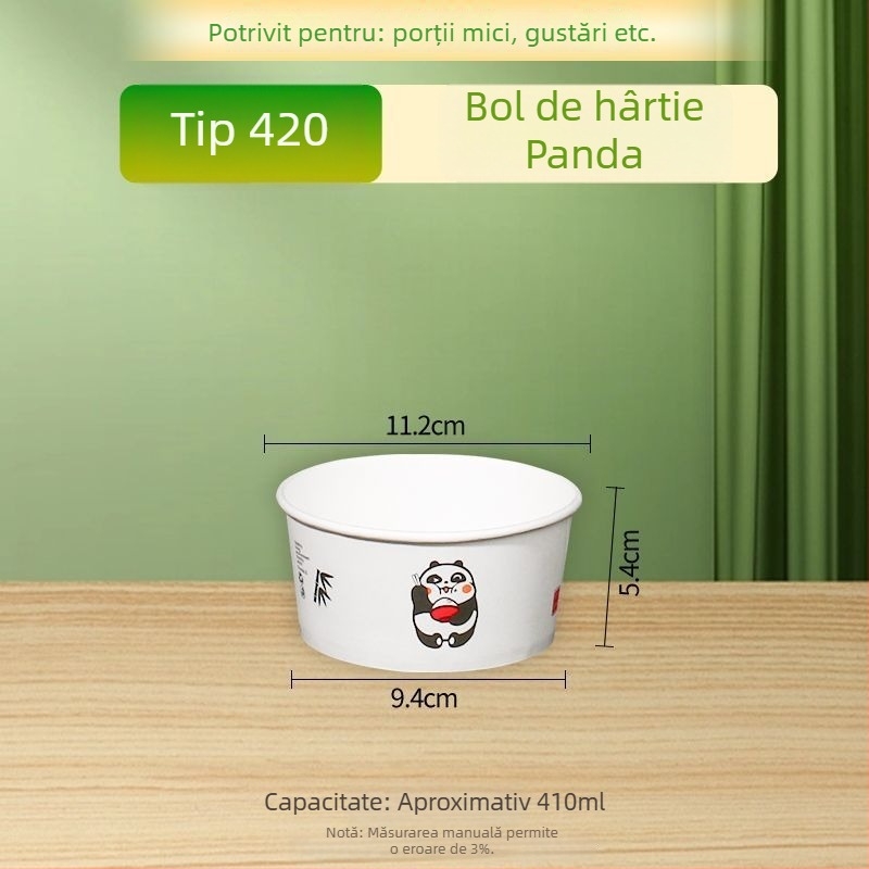 Vas de hârtie de unică folosință, culoare naturală, gros, rotund, pentru prânz, acasă, fructe, camping și tăiței instant, imprimat Panda