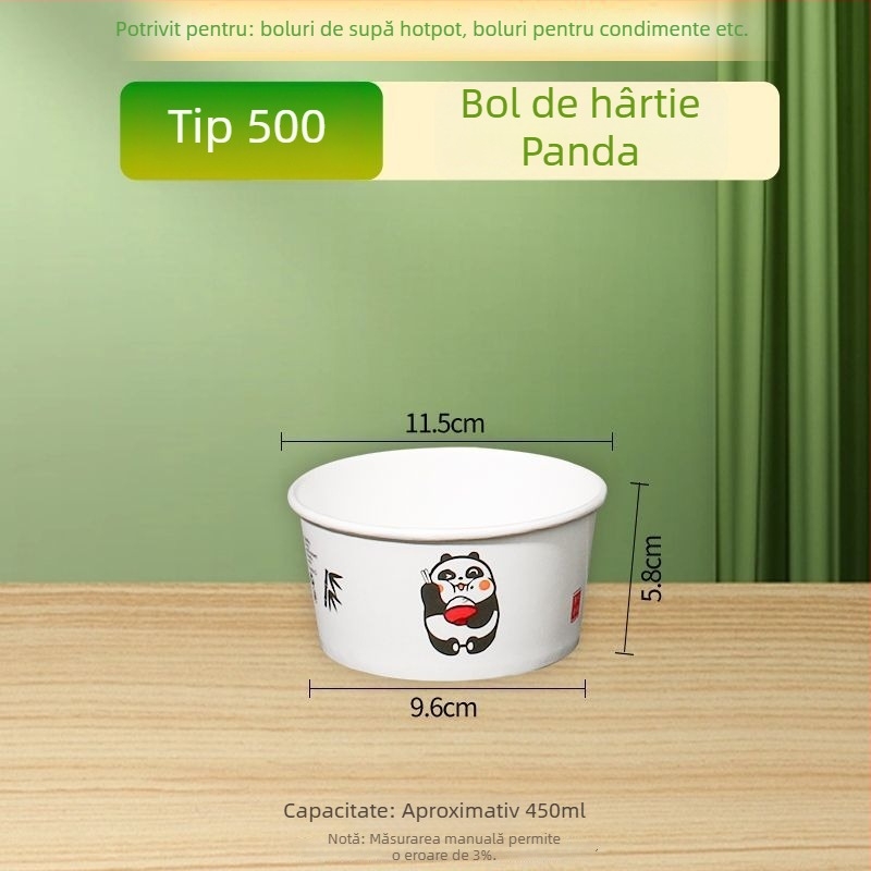 Vas de hârtie de unică folosință, culoare naturală, gros, rotund, pentru prânz, acasă, fructe, camping și tăiței instant, imprimat Panda
