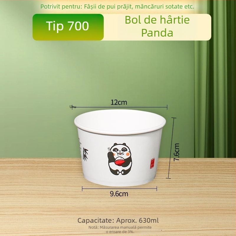 Vas de hârtie de unică folosință, culoare naturală, gros, rotund, pentru prânz, acasă, fructe, camping și tăiței instant, imprimat Panda