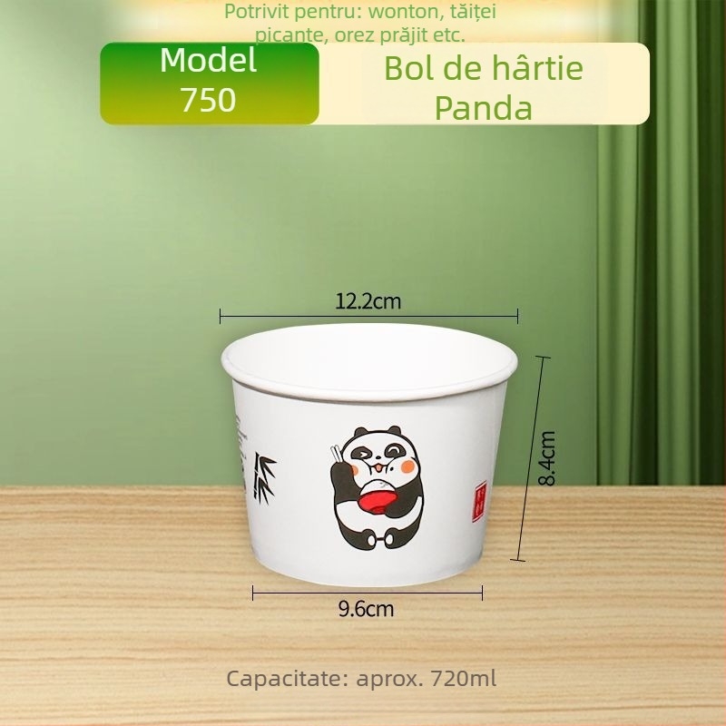 Vas de hârtie de unică folosință, culoare naturală, gros, rotund, pentru prânz, acasă, fructe, camping și tăiței instant, imprimat Panda