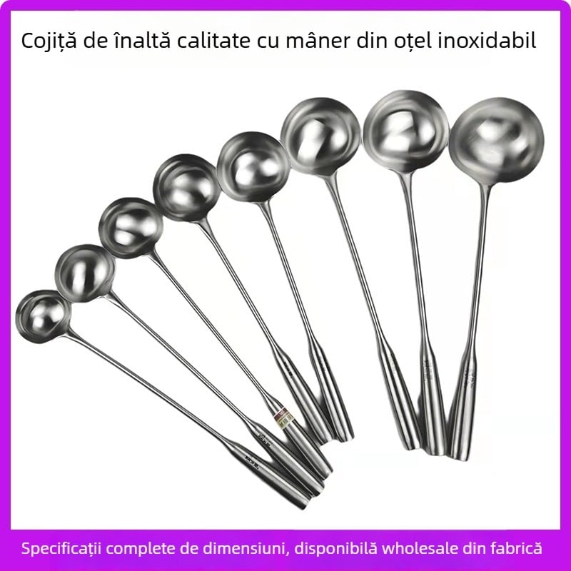 Lingură de supă din oțel inoxidabil cu mâner lung, pentru uz casnic, potrivită pentru supă, hot pot și terci, capacitate mare, design elegant