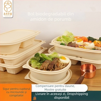 Bol de unică folosință din amidon de porumb biodegradabil, de calitate alimentară, cu capac, rotund, cu model pătrate, îngroșat, pentru prânz la pachet.