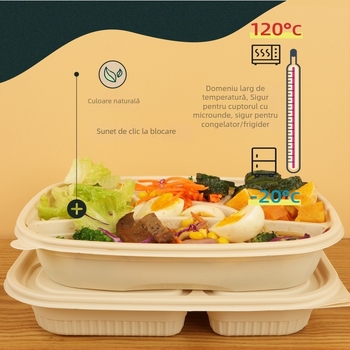 Bol de unică folosință din amidon de porumb biodegradabil, de calitate alimentară, cu capac, rotund, cu model pătrate, îngroșat, pentru prânz la pachet.