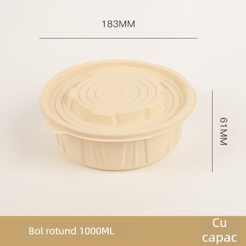 Bol de unică folosință din amidon de porumb biodegradabil, de calitate alimentară, cu capac, rotund, cu model pătrate, îngroșat, pentru prânz la pachet.