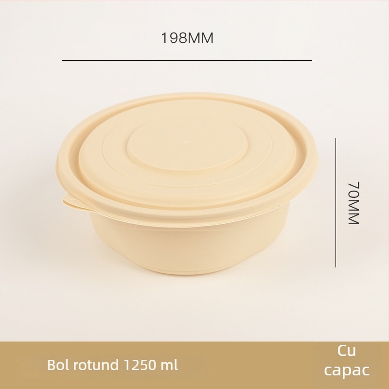 Bol de unică folosință din amidon de porumb biodegradabil, de calitate alimentară, cu capac, rotund, cu model pătrate, îngroșat, pentru prânz la pachet.