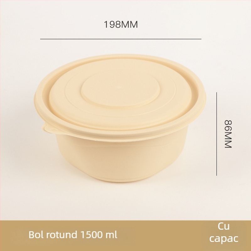 Bol de unică folosință din amidon de porumb biodegradabil, de calitate alimentară, cu capac, rotund, cu model pătrate, îngroșat, pentru prânz la pachet.