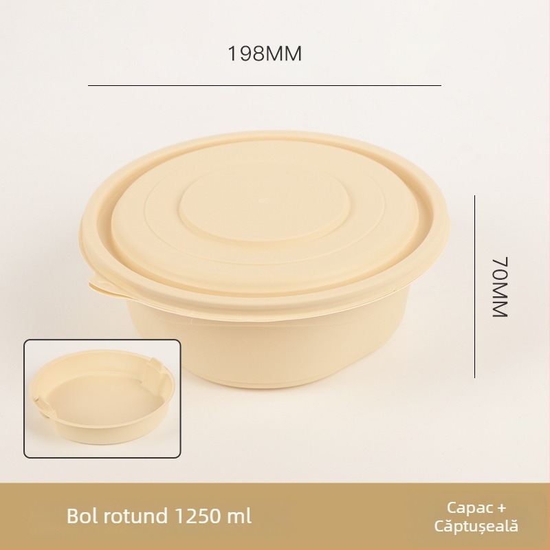 Bol de unică folosință din amidon de porumb biodegradabil, de calitate alimentară, cu capac, rotund, cu model pătrate, îngroșat, pentru prânz la pachet.