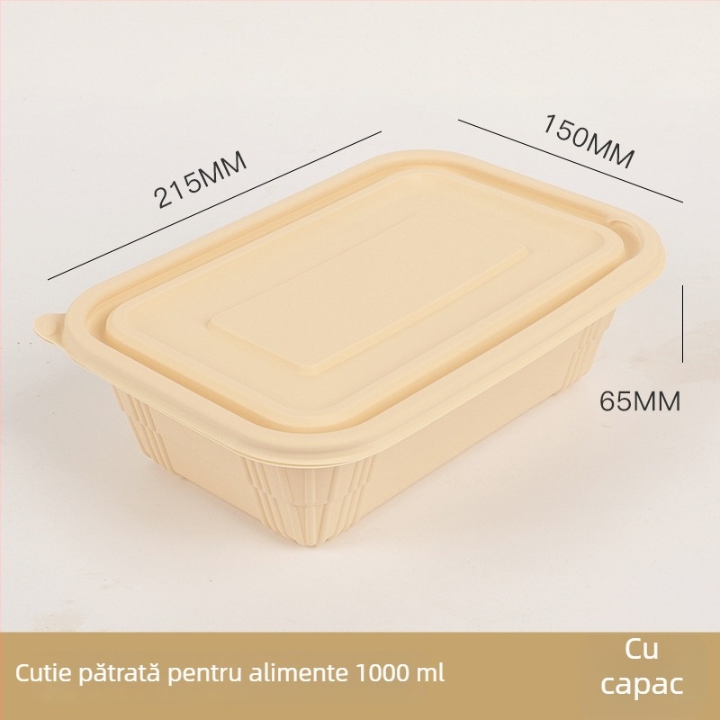 Bol de unică folosință din amidon de porumb biodegradabil, de calitate alimentară, cu capac, rotund, cu model pătrate, îngroșat, pentru prânz la pachet.