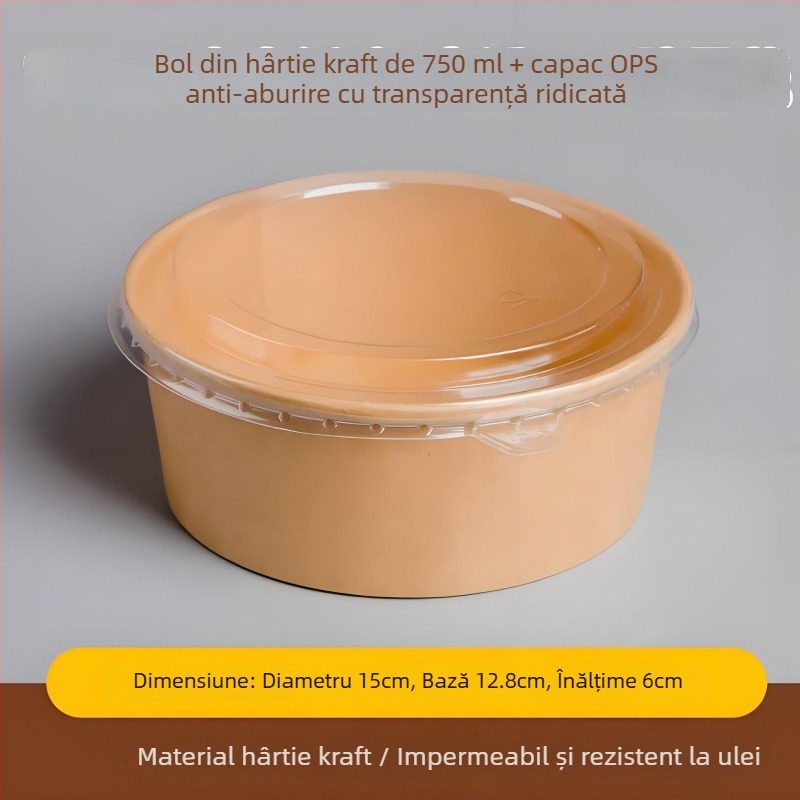 Cupe rotunde din hârtie pentru salată și fructe, recipiente de unică folosință din kraft pentru prânzuri la pachet