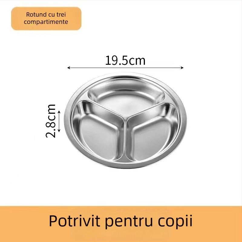 Farfurie rotundă din oțel inoxidabil 304 cu trei compartimente pentru copii