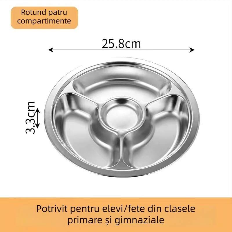 Farfurie rotundă din oțel inoxidabil 304 cu trei compartimente pentru copii