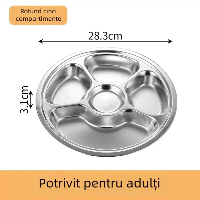 Farfurie rotundă din oțel inoxidabil 304 cu trei compartimente pentru copii