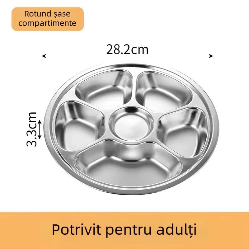 Farfurie rotundă din oțel inoxidabil 304 cu trei compartimente pentru copii