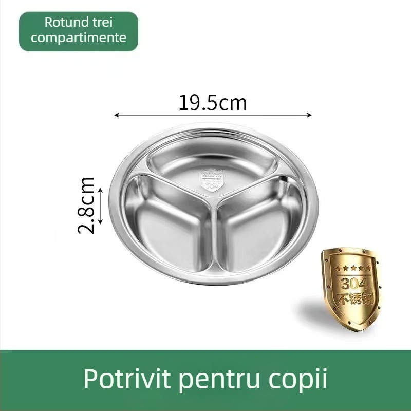Farfurie rotundă din oțel inoxidabil 304 cu trei compartimente pentru copii
