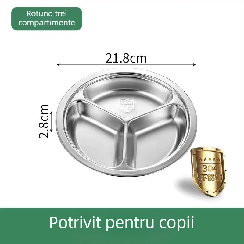 Farfurie rotundă din oțel inoxidabil 304 cu trei compartimente pentru copii