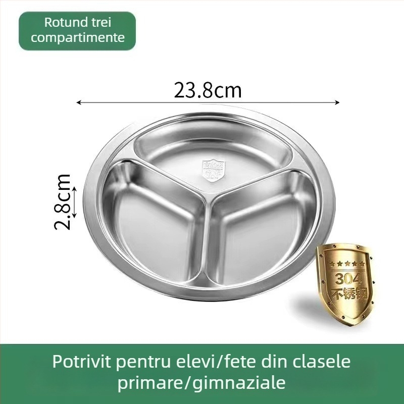 Farfurie rotundă din oțel inoxidabil 304 cu trei compartimente pentru copii