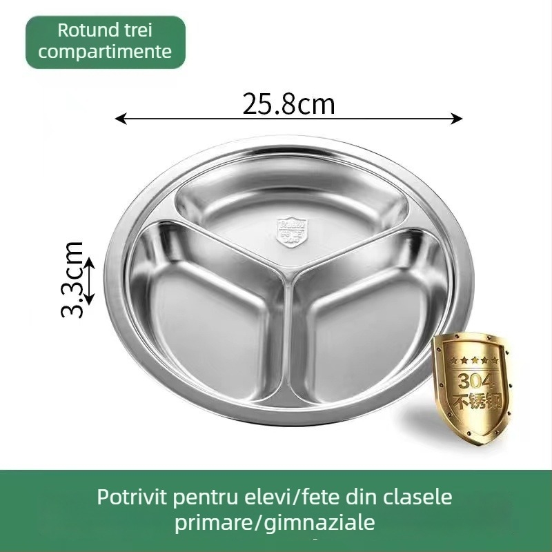Farfurie rotundă din oțel inoxidabil 304 cu trei compartimente pentru copii