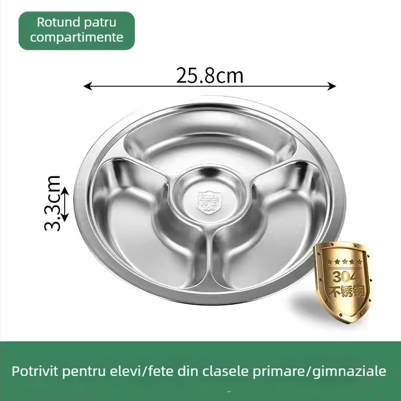 Farfurie rotundă din oțel inoxidabil 304 cu trei compartimente pentru copii