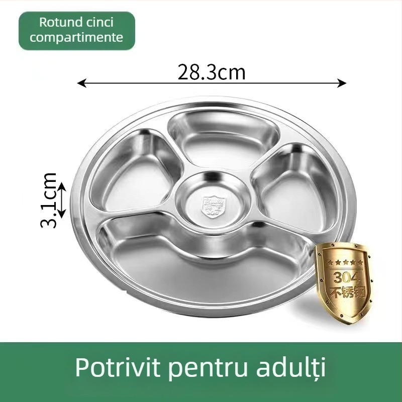 Farfurie rotundă din oțel inoxidabil 304 cu trei compartimente pentru copii