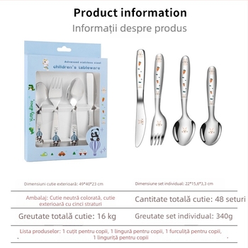 Set de tacâmuri pentru copii din oțel inoxidabil 304, 4 piese: cuțit, furcă, lingură și lingură de desert, cu model desen animat și finisaj oglindit, într-o cutie cadou