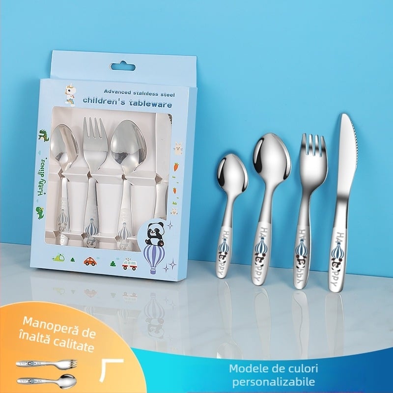 Set de tacâmuri pentru copii din oțel inoxidabil 304, 4 piese: cuțit, furcă, lingură și lingură de desert, cu model desen animat și finisaj oglindit, într-o cutie cadou