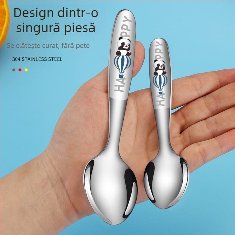 Set de tacâmuri pentru copii din oțel inoxidabil 304, 4 piese: cuțit, furcă, lingură și lingură de desert, cu model desen animat și finisaj oglindit, într-o cutie cadou