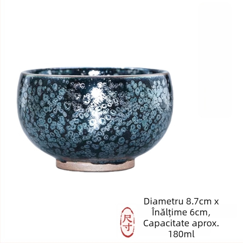 Căniță de ceai Tenmoku cu glazură neagră și pete argintii, corp din fier, gură subțire
