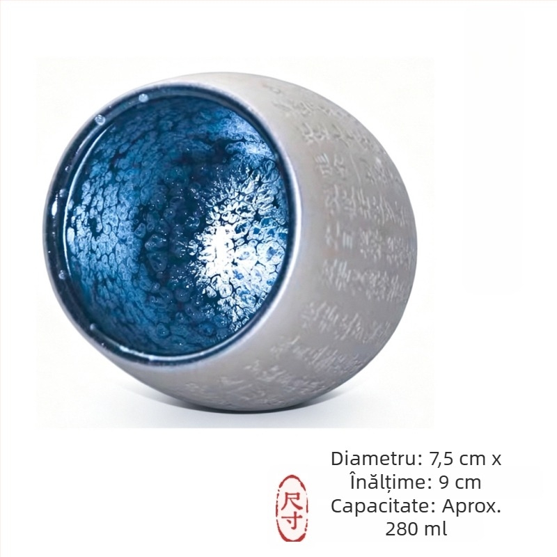 Căniță de ceai Tenmoku cu glazură neagră și pete argintii, corp din fier, gură subțire