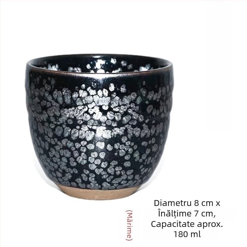 Căniță de ceai Tenmoku cu glazură neagră și pete argintii, corp din fier, gură subțire