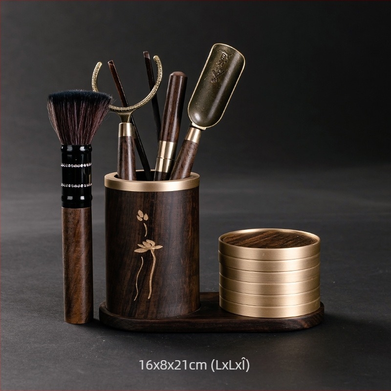 Set pentru ceremonia ceaiului Six Gentlemen din lemn de abanos, accesorii din cupru și oțel inoxidabil, clip pentru ceai din oțel inoxidabil, suport pentru stilou și bază pentru cești