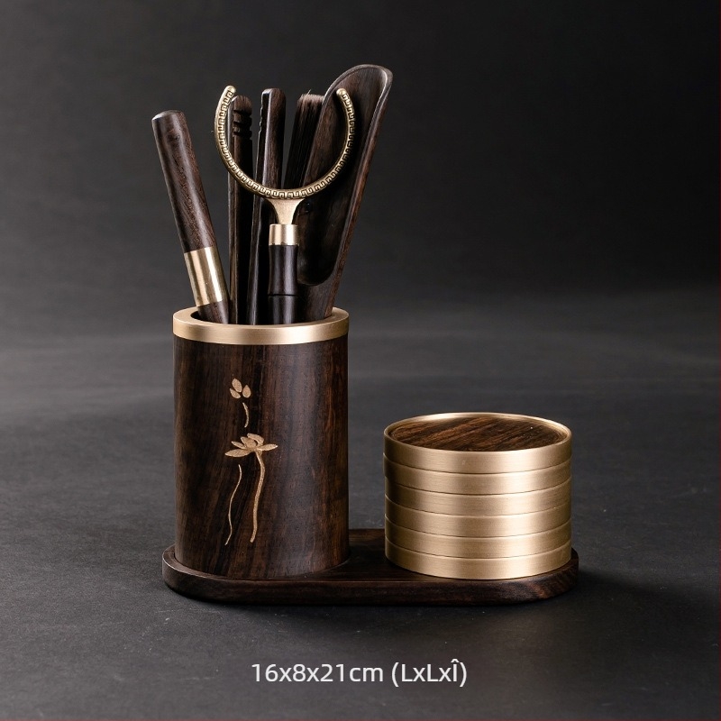 Set pentru ceremonia ceaiului Six Gentlemen din lemn de abanos, accesorii din cupru și oțel inoxidabil, clip pentru ceai din oțel inoxidabil, suport pentru stilou și bază pentru cești